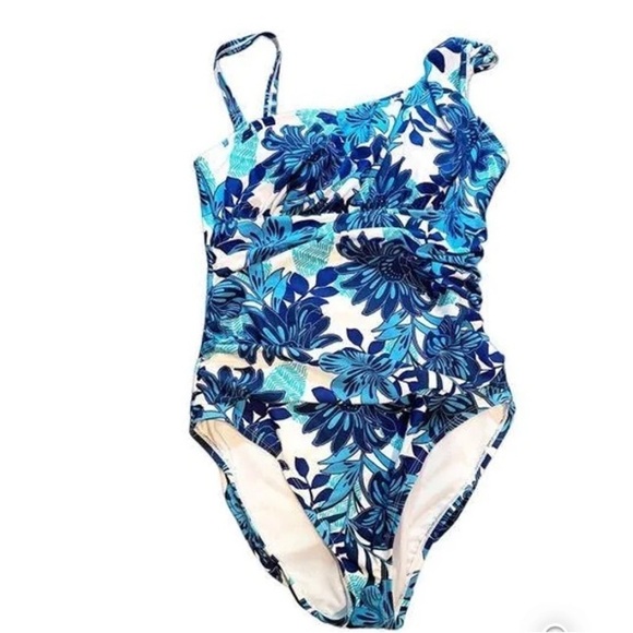 Bleu Rod Beattie One Shoulder Shirred One Piece Floral Blue White Swimsuit 8 NWT - Picture 1 of 1